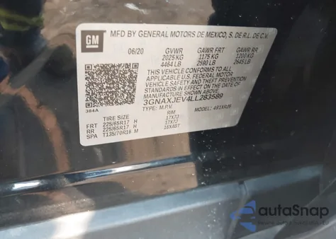 2020 Chevrolet Equinox Lt z USA, uszkodzony, nr VIN 3GNAXJEV4LL283589